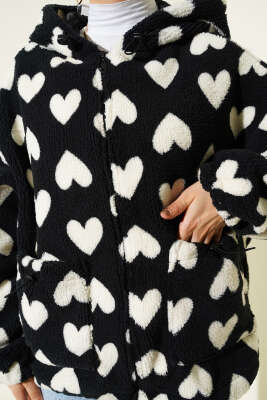 Kalp Baskılı Peluş Hırka Siyah - Hırka