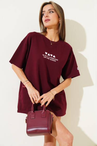 Kalp Baskılı Yazılı T-shirt Bordo - Kadın Giyim Modelleri