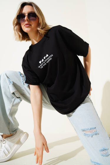 Kalp Baskılı Yazılı T-shirt Siyah - Kadın Giyim Modelleri
