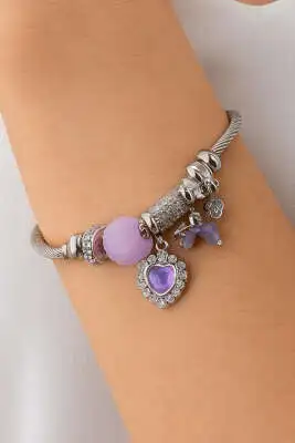 Kalp Charmlı Taşlı Bileklik Lila - Bileklik