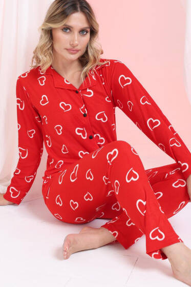 Kalp Çizgili Gömlek Yaka Süet Pijama Takımı Kırmızı - Pijama