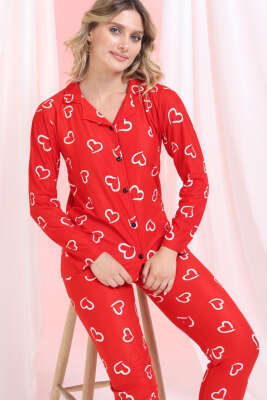 Kalp Çizgili Gömlek Yaka Süet Pijama Takımı Kırmızı - Pijama