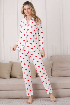Kalp Desen Düğmeli Pijama Takımı Beyaz - Pijama