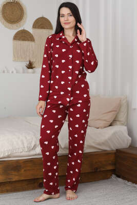 Kalp Desen Düğmeli Pijama Takımı Bordo - IŞILAY