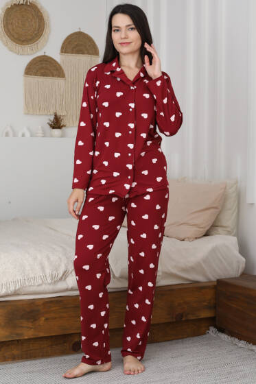 Kalp Desen Düğmeli Pijama Takımı Bordo - Pijama