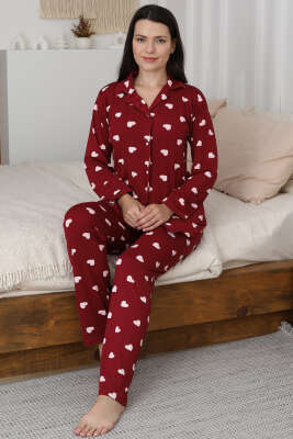 Kalp Desen Düğmeli Pijama Takımı Bordo - Pijama