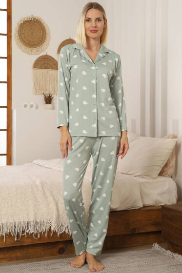 Kalp Desen Düğmeli Pijama Takımı Çağla Yeşili - Pijama