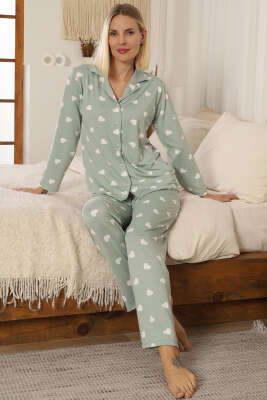 Kalp Desen Düğmeli Pijama Takımı Çağla Yeşili - Pijama
