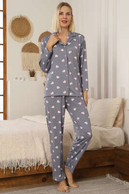 Kalp Desen Düğmeli Pijama Takımı Gri - IŞILAY