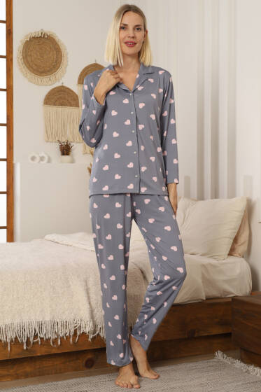 Kalp Desen Düğmeli Pijama Takımı Gri - Pijama