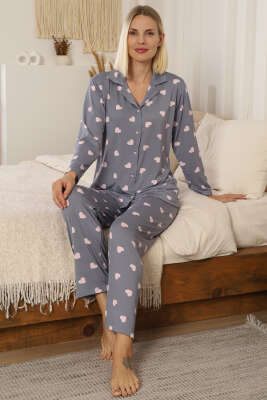 Kalp Desen Düğmeli Pijama Takımı Gri - Pijama