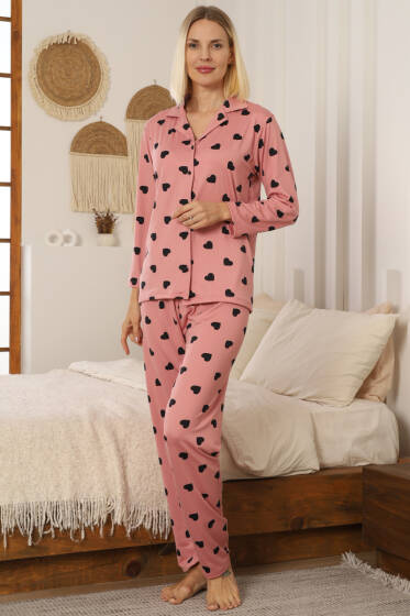 Kalp Desen Düğmeli Pijama Takımı Pudra - Pijama