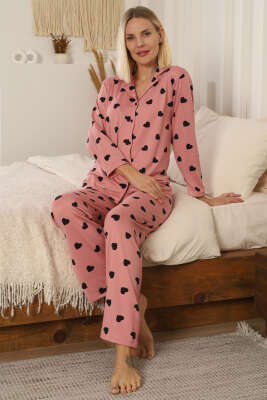 Kalp Desen Düğmeli Pijama Takımı Pudra - Pijama
