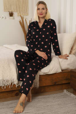 Kalp Desen Düğmeli Pijama Takımı Siyah - IŞILAY