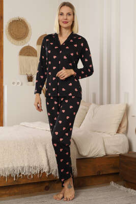 Kalp Desen Düğmeli Pijama Takımı Siyah - Pijama