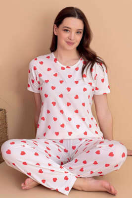 Kalp Desen Kısa Kol Pijama Takımı Ekru - Kadın Pijama Takımı