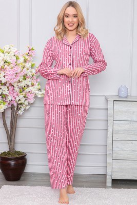 Kalp Desenli Boydan Düğmeli Fuşya Pijama Takımı - Thumbnail