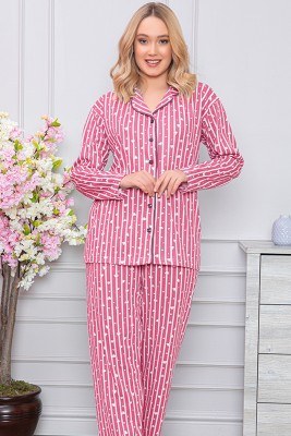 Kalp Desenli Boydan Düğmeli Fuşya Pijama Takımı - Thumbnail