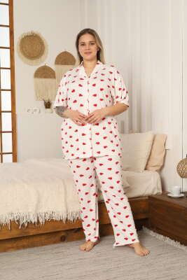 Kalp Desenli Büyük Beden Pijama Takımı Beyaz - IŞILAY