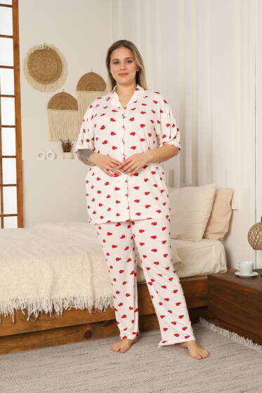 Kalp Desenli Büyük Beden Pijama Takımı Beyaz - Pijama