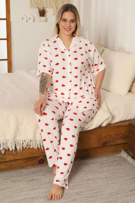 Kalp Desenli Büyük Beden Pijama Takımı Beyaz - Pijama