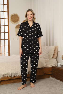 Kalp Desenli Büyük Beden Pijama Takımı Siyah - IŞILAY