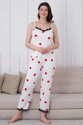 Kalp Desenli Dantelli İp Askılı Pijama Takımı Ekru - Pijama