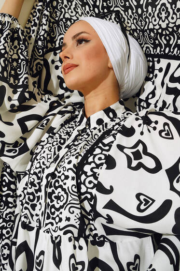 Kalp Desenli Elbise Beyaz - Tesettür Elbise