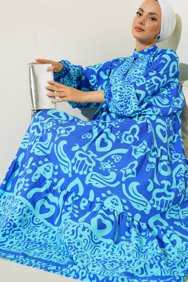 Kalp Desenli Elbise Saks - Tesettür Elbise