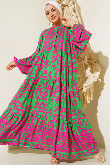 Kalp Desenli Elbise Yeşil - Tesettür Elbise