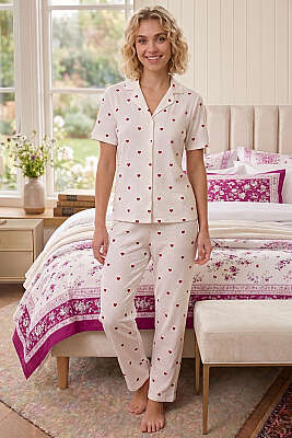 Kalp Desenli Fitilli Pijama Takımı Beyaz - Pijama