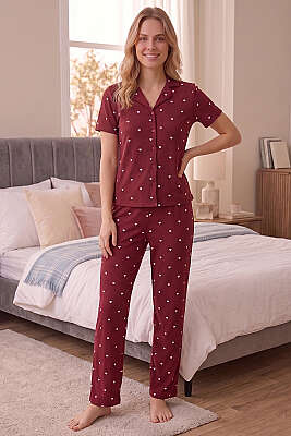 Kalp Desenli Fitilli Pijama Takımı Bordo - MANOLYA