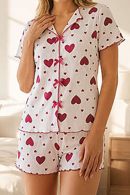 Kalp Desenli Fiyonklu Şortlu Pijama Takımı Fuşya - Pijama