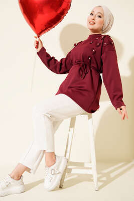 Kalp Desenli İnci Detaylı Tunik Bordo - Tunik
