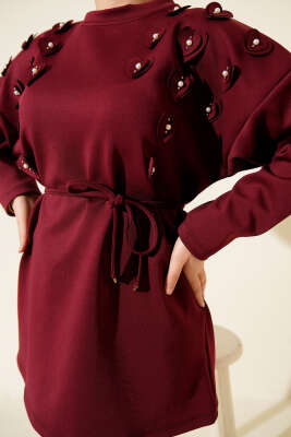 Kalp Desenli İnci Detaylı Tunik Bordo - Tunik