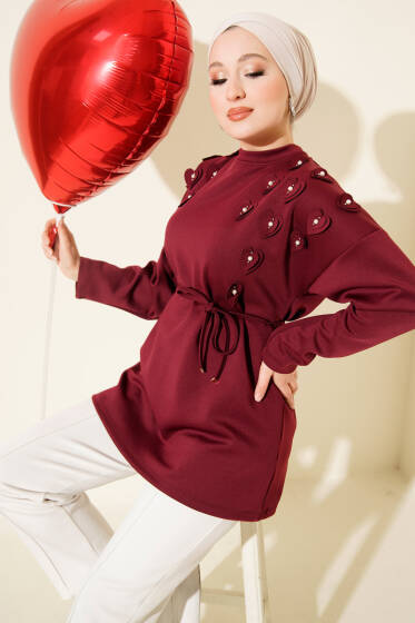 Kalp Desenli İnci Detaylı Tunik Bordo - Tunik