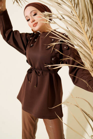 Kalp Desenli İnci Detaylı Tunik Kahve - Tunik