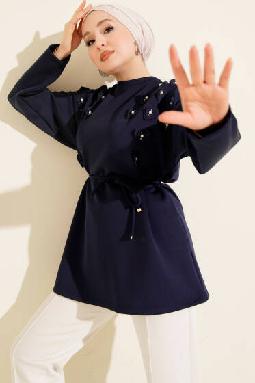 Kalp Desenli İnci Detaylı Tunik Lacivert - Tunik