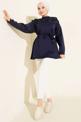 Kalp Desenli İnci Detaylı Tunik Lacivert - Tunik