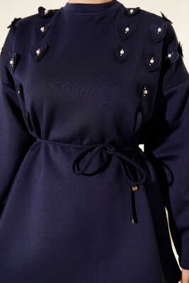 Kalp Desenli İnci Detaylı Tunik Lacivert - Tunik