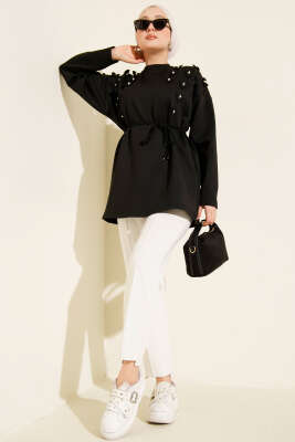 Kalp Desenli İnci Detaylı Tunik Siyah - Tunik