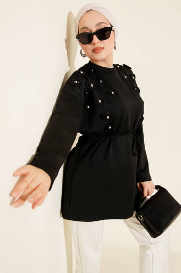 Kalp Desenli İnci Detaylı Tunik Siyah - Tunik