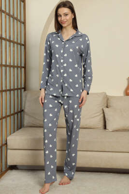 Kalp Desenli İnci Düğmeli Pijama Takımı Gri - Kadın Pijama Takımı