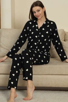 Kalp Desenli İnci Düğmeli Pijama Takımı Siyah 