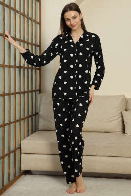Kalp Desenli İnci Düğmeli Pijama Takımı Siyah - Kadın Pijama Takımı