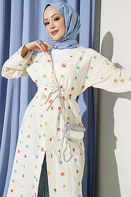 Kalp Desenli Keten Kimono Bej - Dış Giyim&Mont