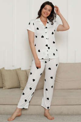 Kalp Desenli Kısa Kol Pijama Takım Siyah Kalpli - Kadın Pijama Takımı