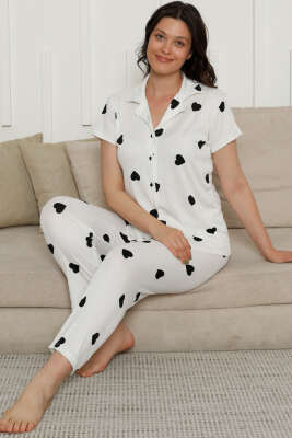 Kalp Desenli Kısa Kol Pijama Takım Siyah Kalpli
