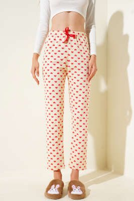 Kalp Desenli Pijama Altı Bej - Pijama
