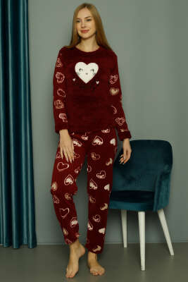 Kalp Desenli Welsoft Pijama Takımı Bordo - Pijama